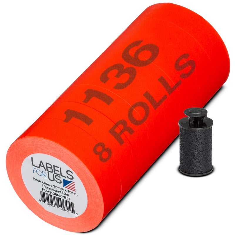 Labels for Us Labels for Monarch 1136 Labeler - Fluorescent Red - 14,000 Labels - Pack with 8 Rolls - Ink Roller Included - Manufactured by Labels for Us - Image 1